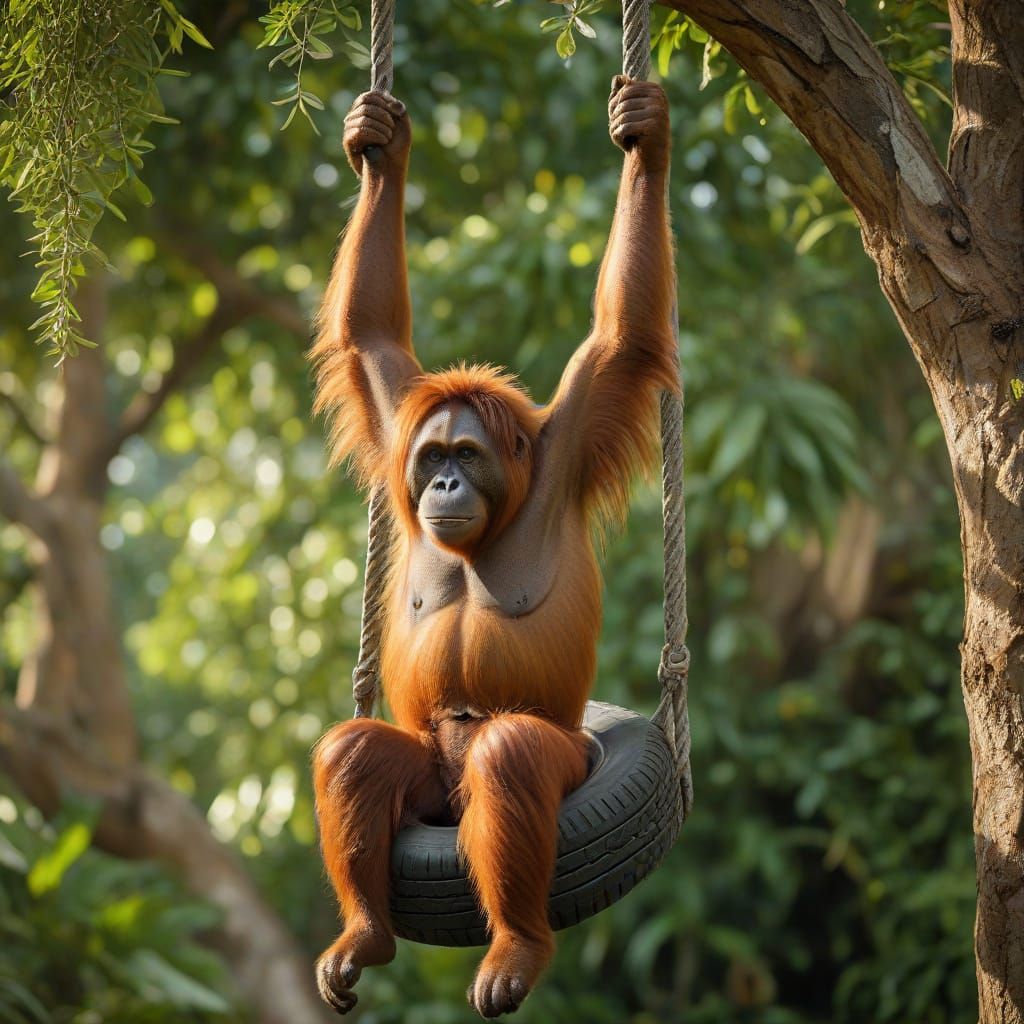 Orangutan on Tire Swing in Sanctuary: Photorealistic Wildlif...
