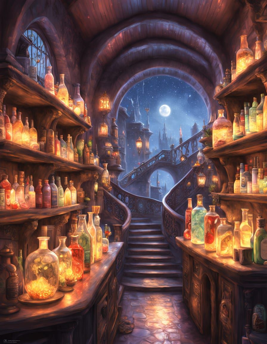 Vibrant Magical Potions in Whimsical Wizard's Lair