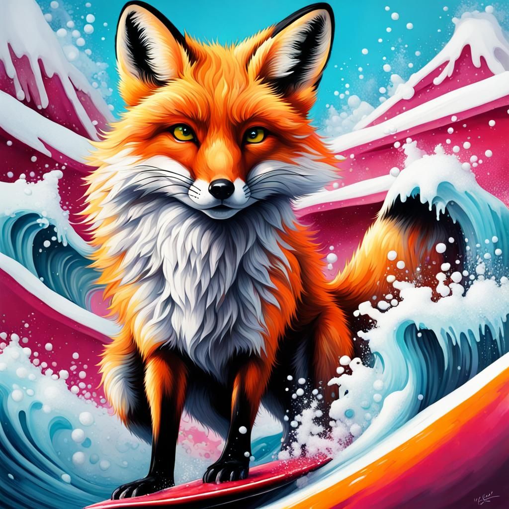 Fox Surfing a Snow Wave in Graffiti Art Style