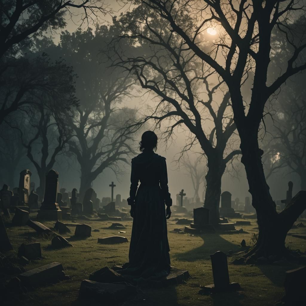 Foreboding Female Silhouette in Cemetery: Expressionist Phot...