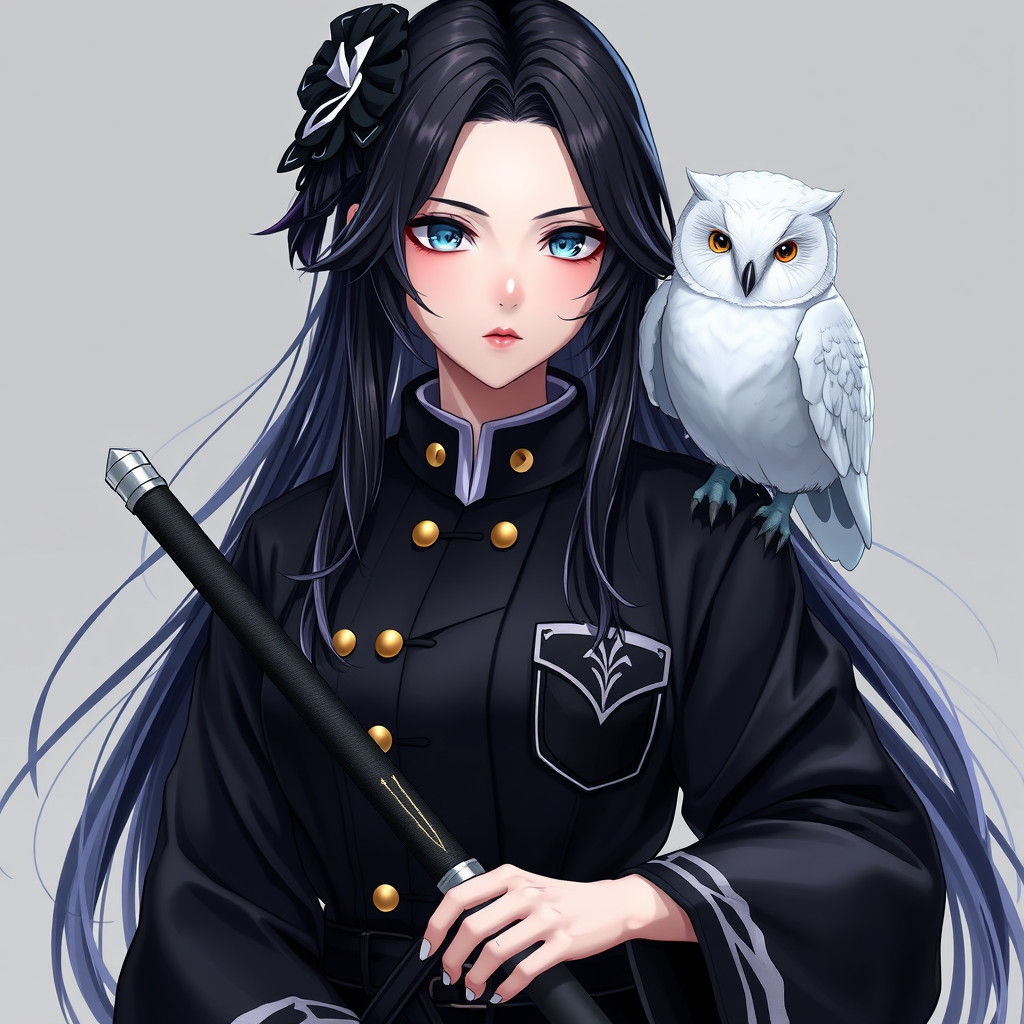 Anime Style Female Swordsman with Wolf and Owl