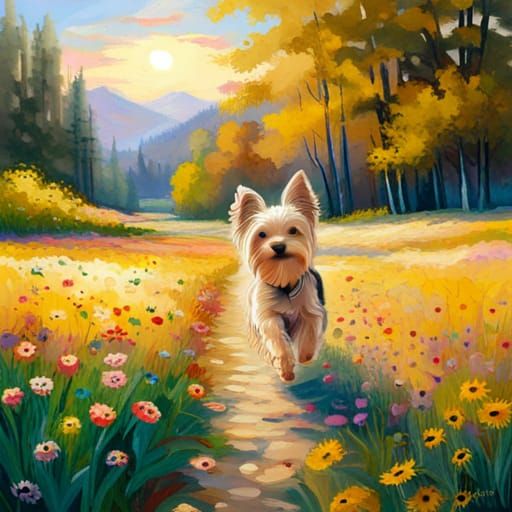 Dog's Joyful Run Through Flower Meadow