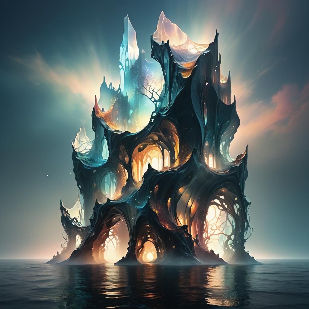 Ethereal Glass Structure Rising from Dark Ocean