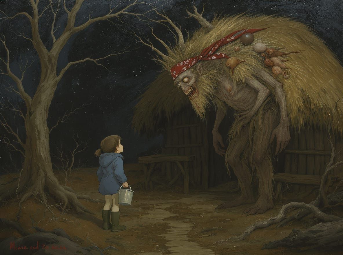 Scary Bog Witch Stuns Little Girl: Oil Painting