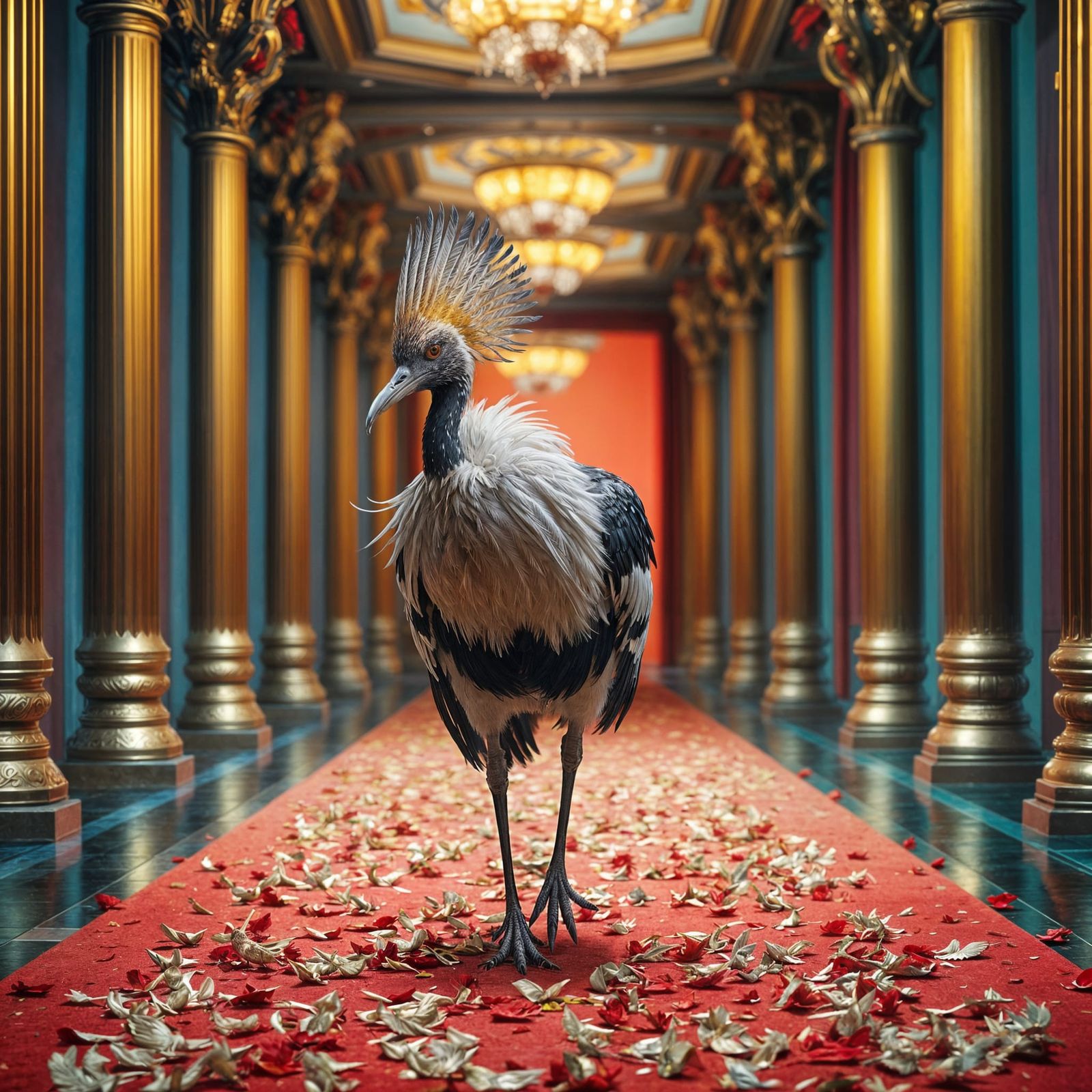 Elegant Secretary Bird Struts Down Red Carpet in Golden Hall...
