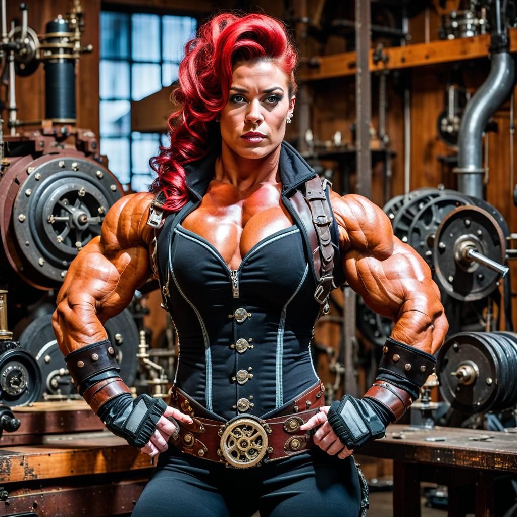 Steampunk Bodybuilder in Workshop: Photorealistic Portrait