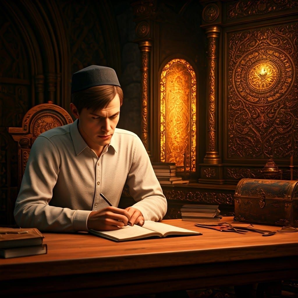 Intensely Focused Scholar Amidst Ancient Texts