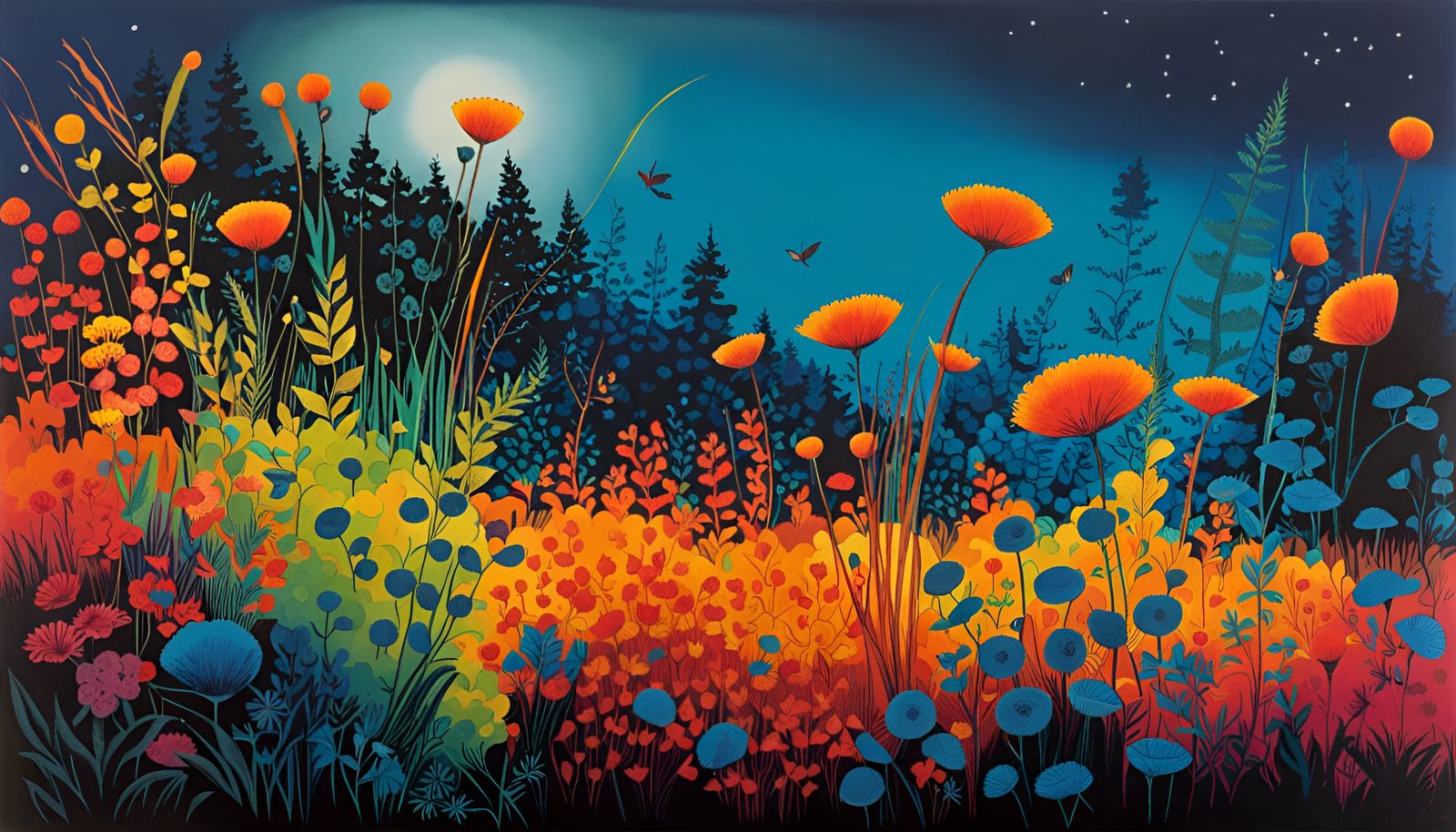 Kaleidoscopic Meadow in Ink Illustration Style