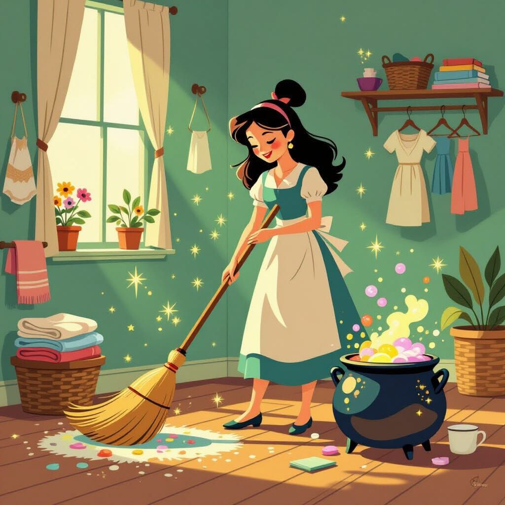 Whimsical Illustration of Magical Household Chores