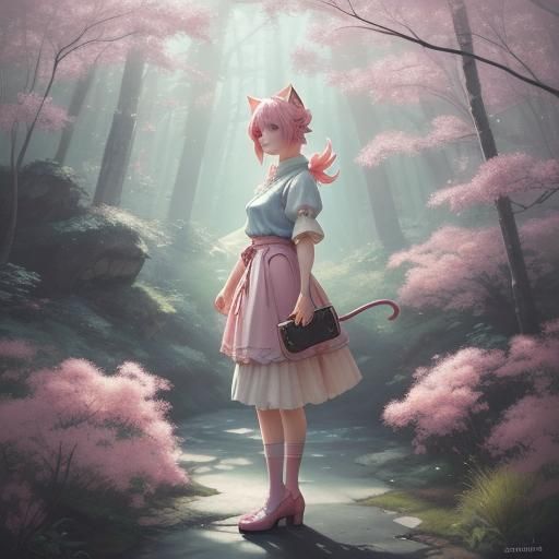 Cute Cat Girl in Whimsical Forest: Anime Style
