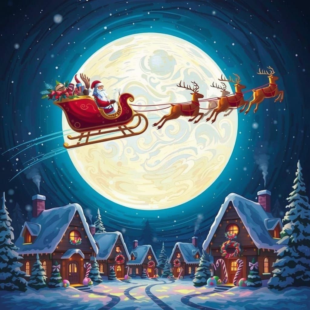 Majestic Reindeer Sleigh Ride Under a Full Moon Christmas Vi...