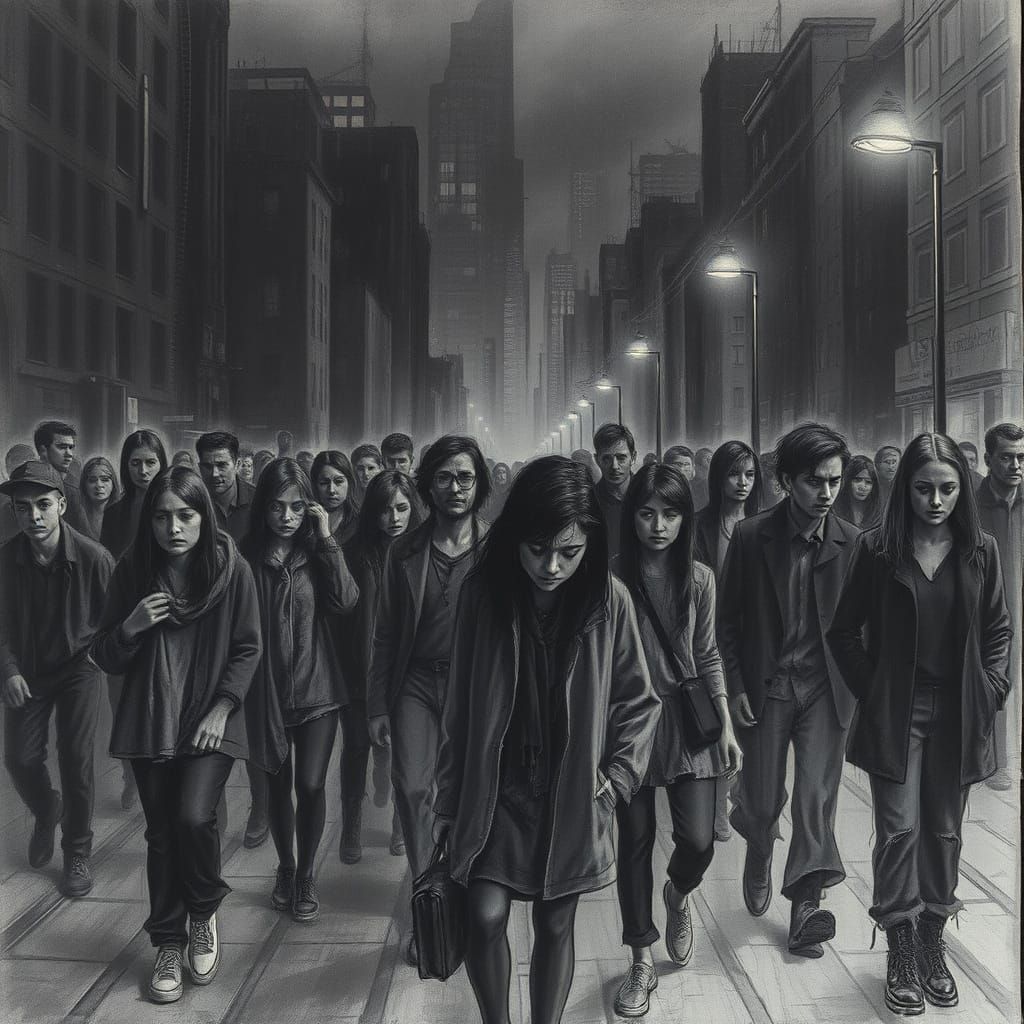 Dystopian Cityscape in Gritty Charcoal Style