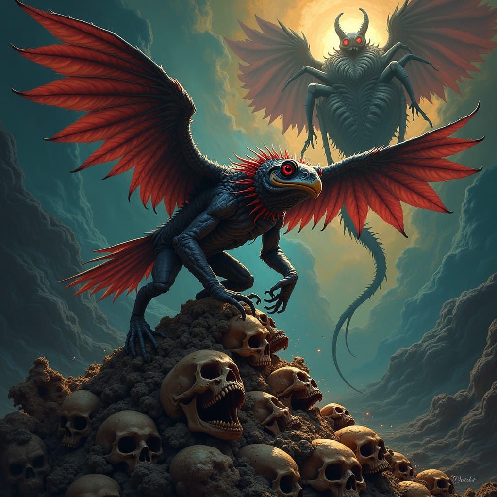 Dark Fantasy Hybrid Creature Surveys a Hellish Coral Reef Ba...