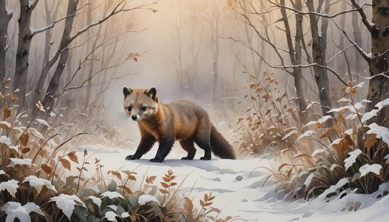 Beech Marten in Snowy Landscape: Watercolor Wildlife Art