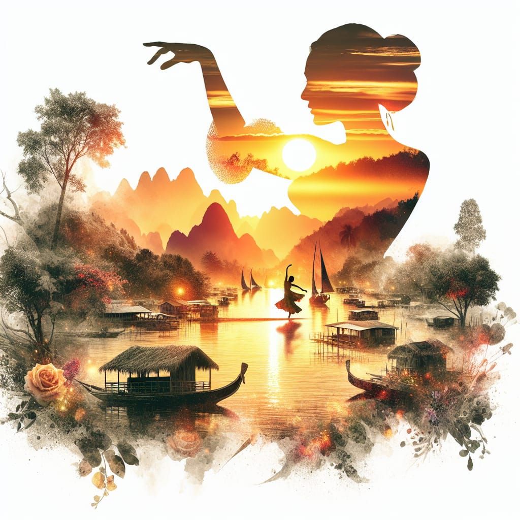 Sunset and Flamenco Dancer in Double Exposure Watercolor