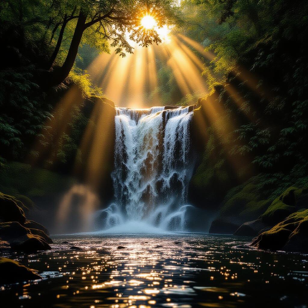 Golden Sunbeams Illuminate Waterfall in Late Afternoon Light