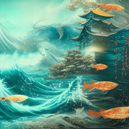 Japanese Tapestry with Ocean Scene in Matte Painting Style