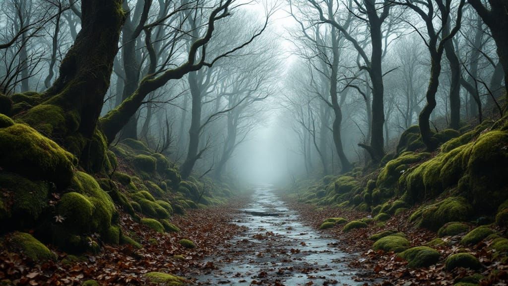 Misty Autumn Forest Path in Atmospheric Style