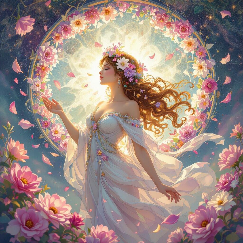 Divine Feminine Figure Adorned With Blooming Flowers And Neb...