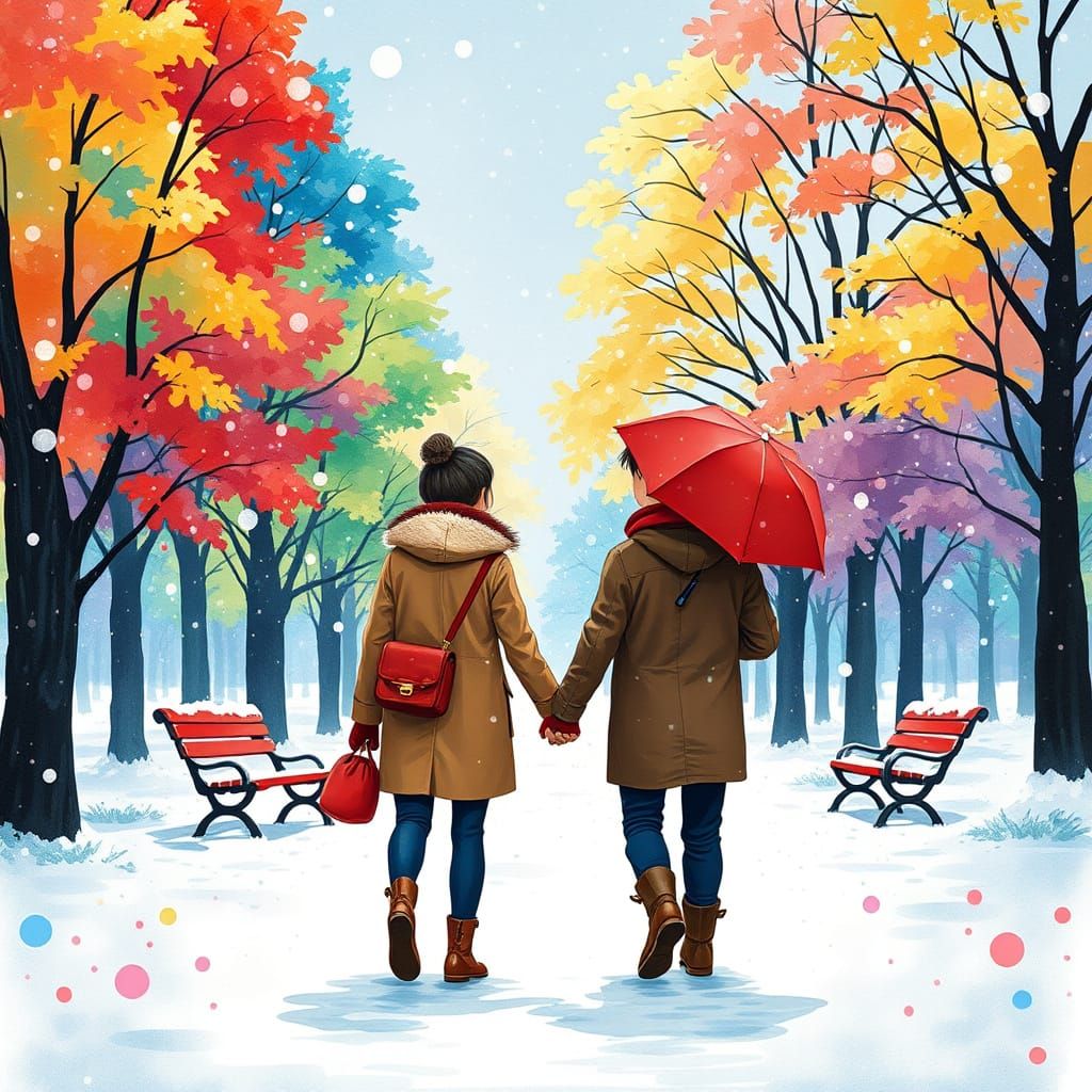 Couple in Snowy Park, Watercolor Style