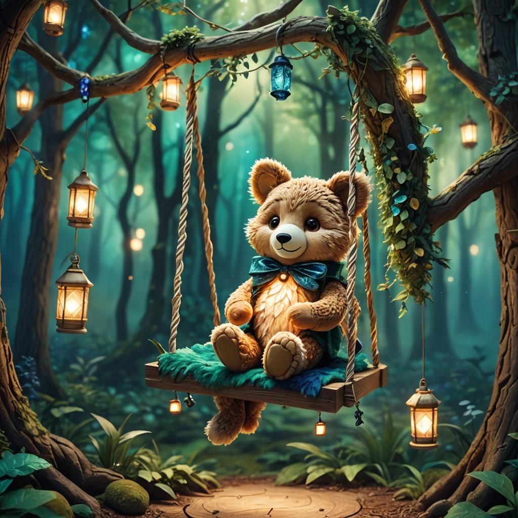 Plush Toy on Swing in Mystical Forest
