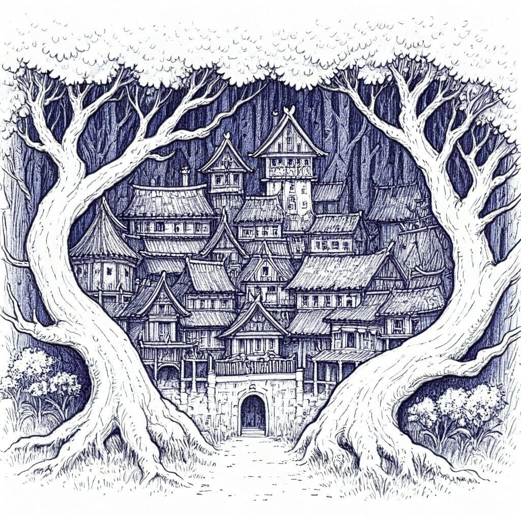 Whimsical Forest City Doodle in Fantasy Style