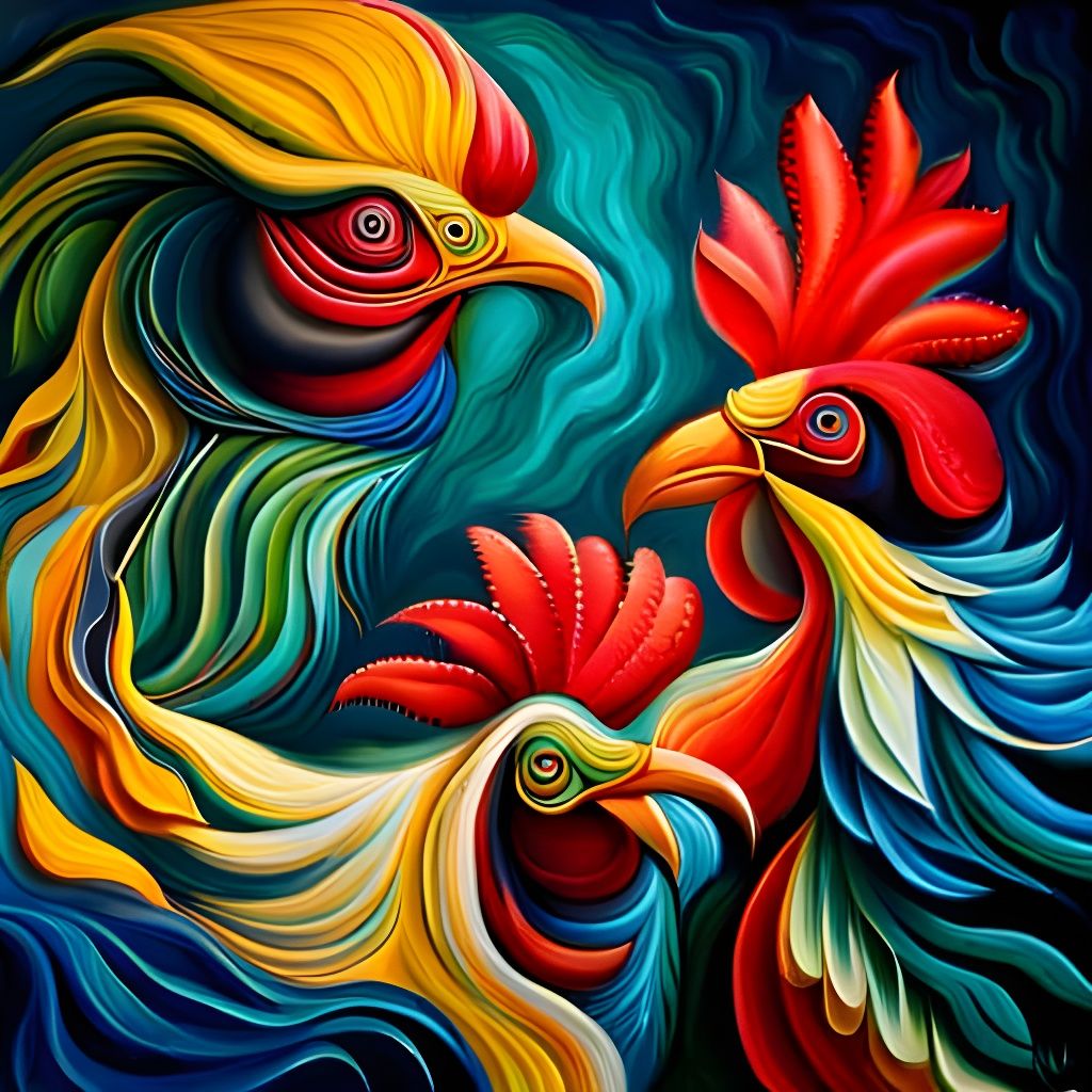 Surreal Roosters Clash in Abstract Oil Painting