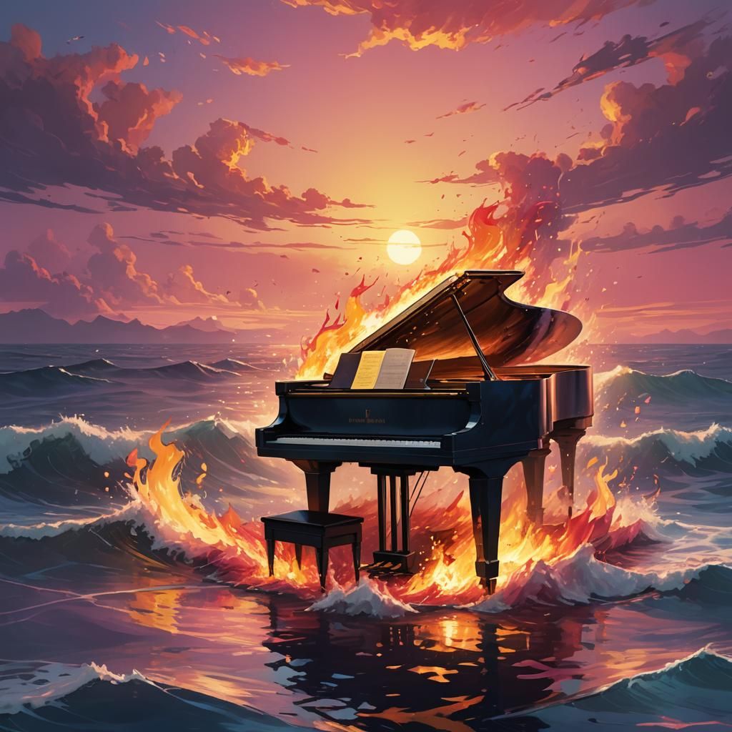 Piano Ablaze Sinking into Ocean at Sunset