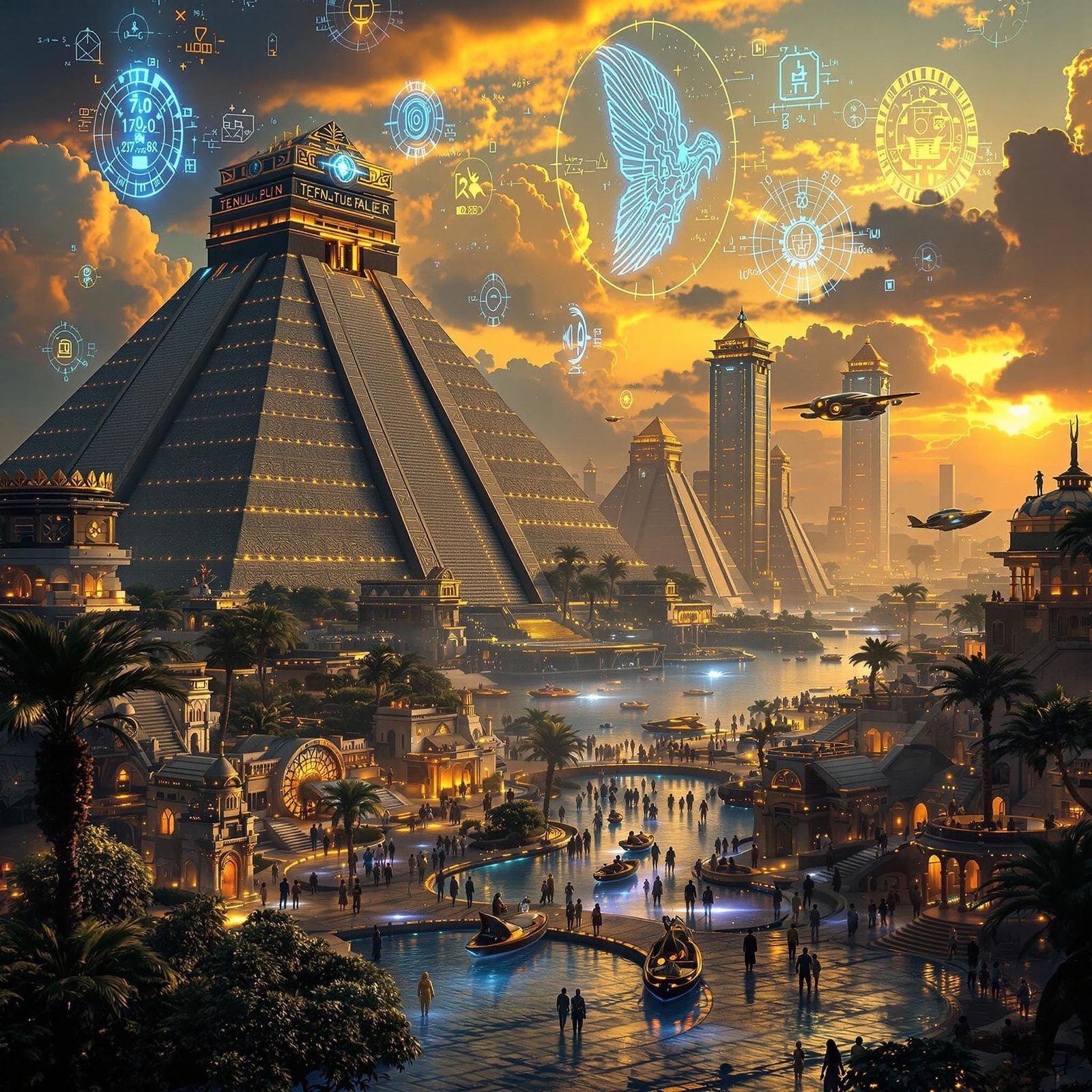 Epic Futuristic Aztec Metropolis in Golden Sunset Glory
