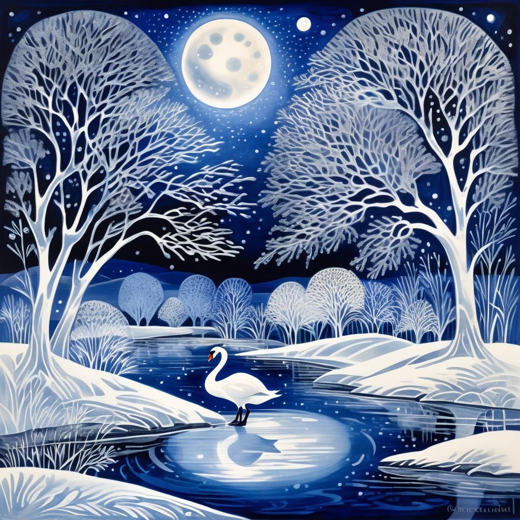 Mystical Swan in Sapphire Winter Wonderland