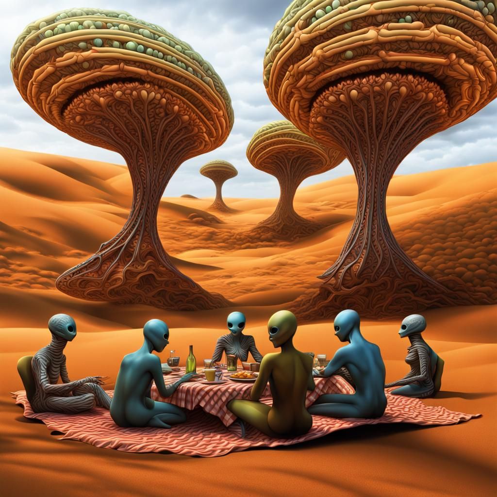 Alien Picnic Under Fractal Orange Trees