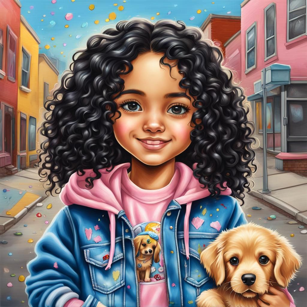 Latina Chibi Girl with Puppy in Photorealistic Style