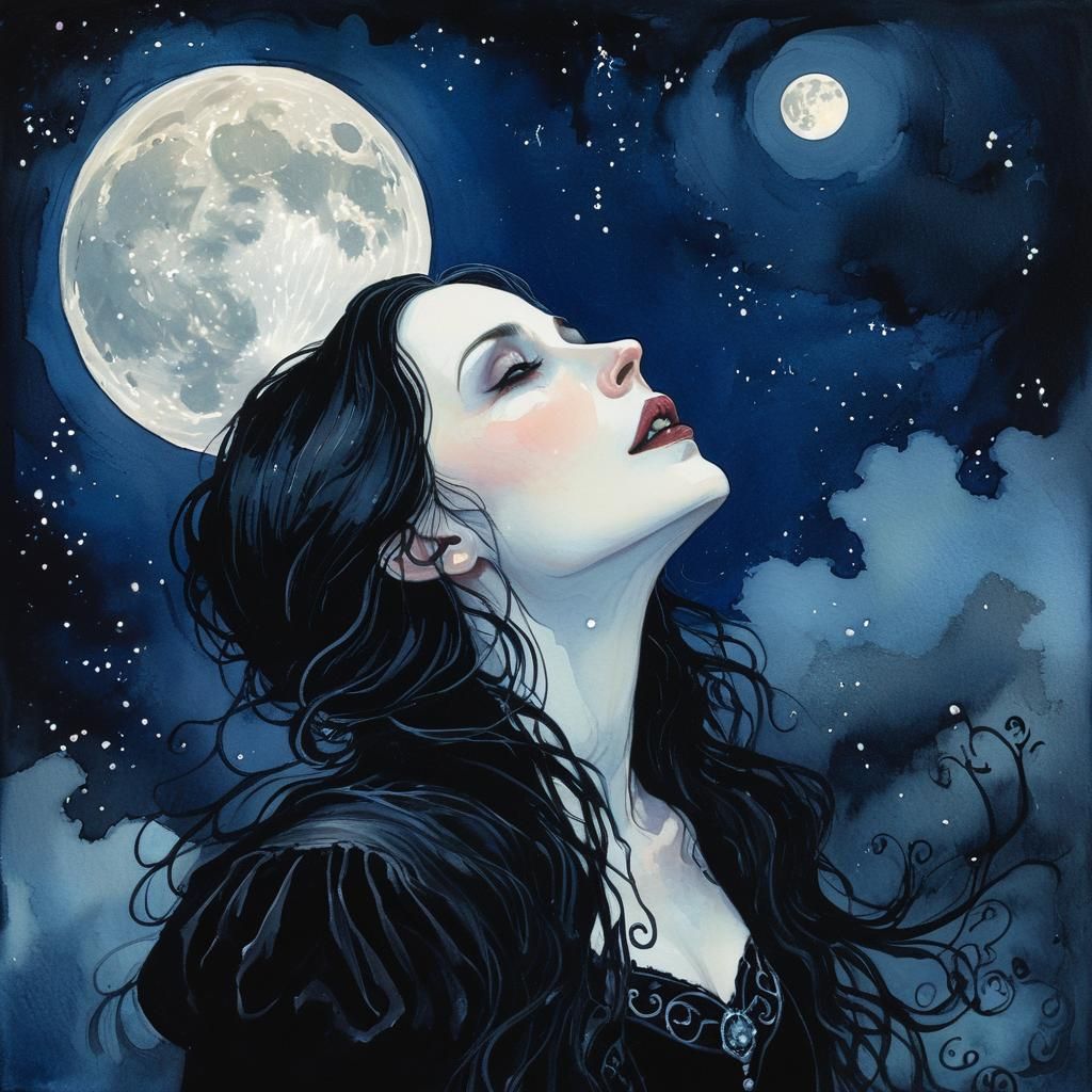 Gothic Lady Gazing at Moon in Romanticism Style