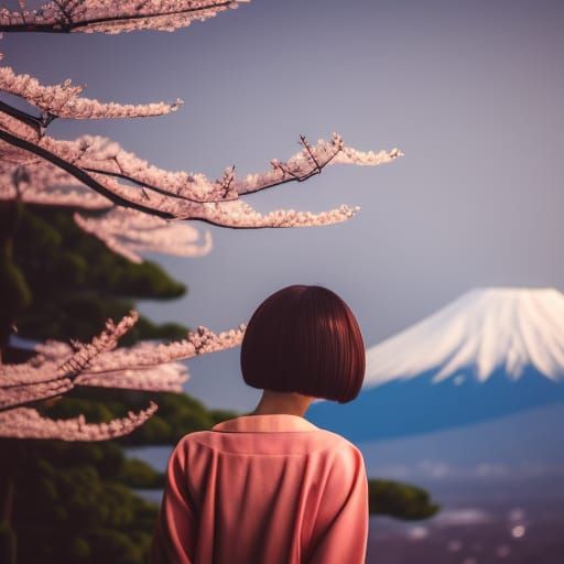 Japanese Woman Gazing at Mount Fuji in Spring
