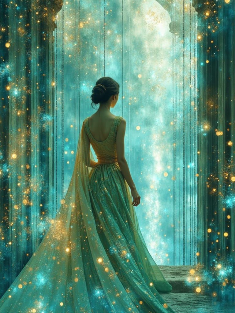 Futuristic Silk Dress Shimmers Over Ethereal Cityscape