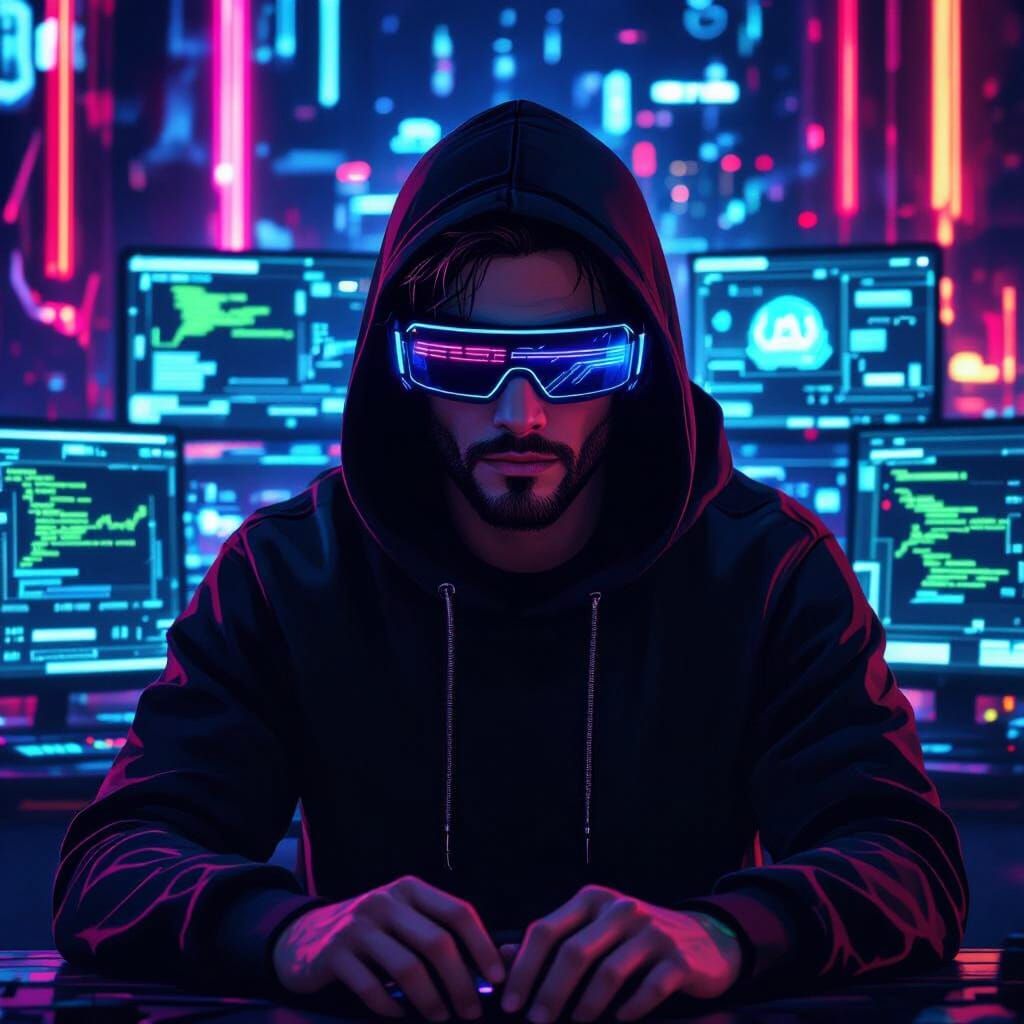 Cyberpunk Hacker in Neon Lit Room