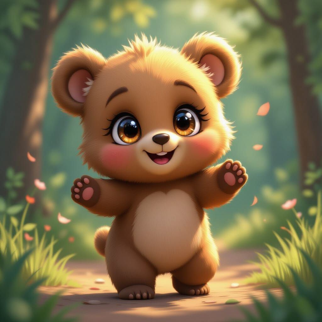 Cute Cartoon Bear Cub Spinning in Anime Style