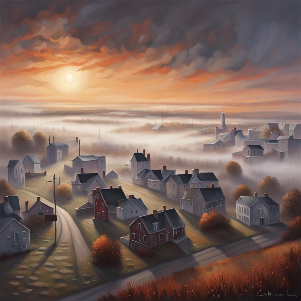 Mystical Fog-Shrouded Town of Antigonish at Sunrise