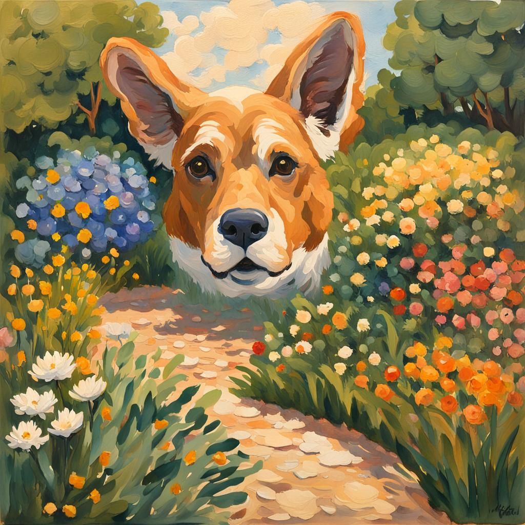 Ornate Garden Scene as Impressionist Gouache Painting