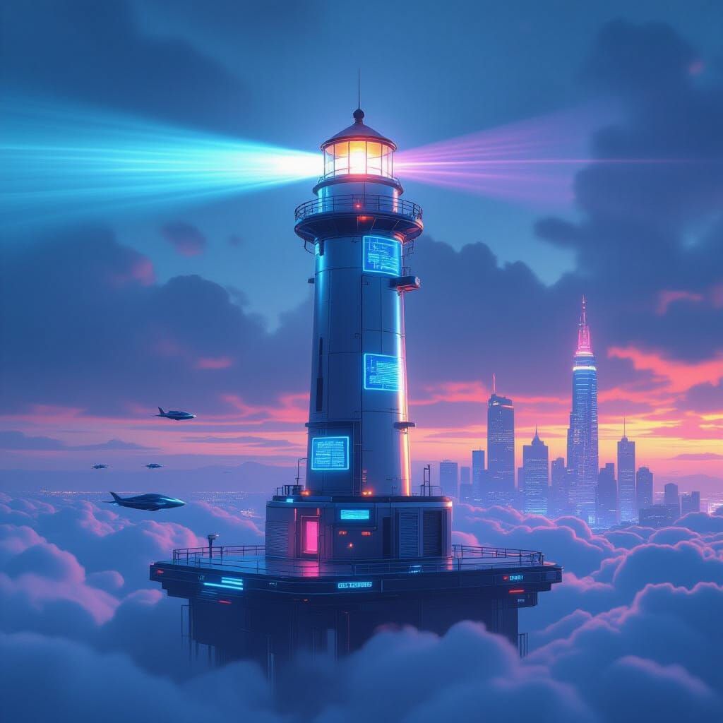 Futuristic Lighthouse Over Cyberpunk City in Neon Colors