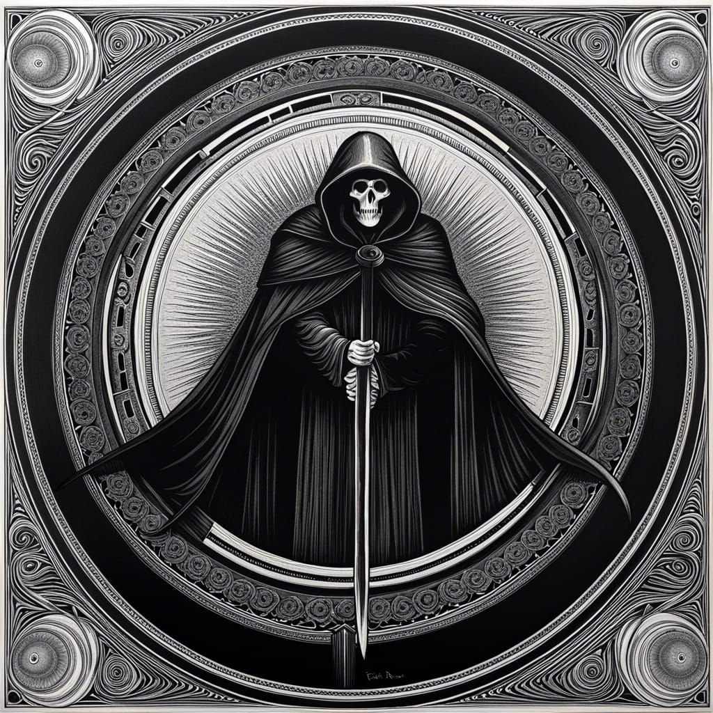 Neoclassical Grim Reaper Mandala Ink Drawing