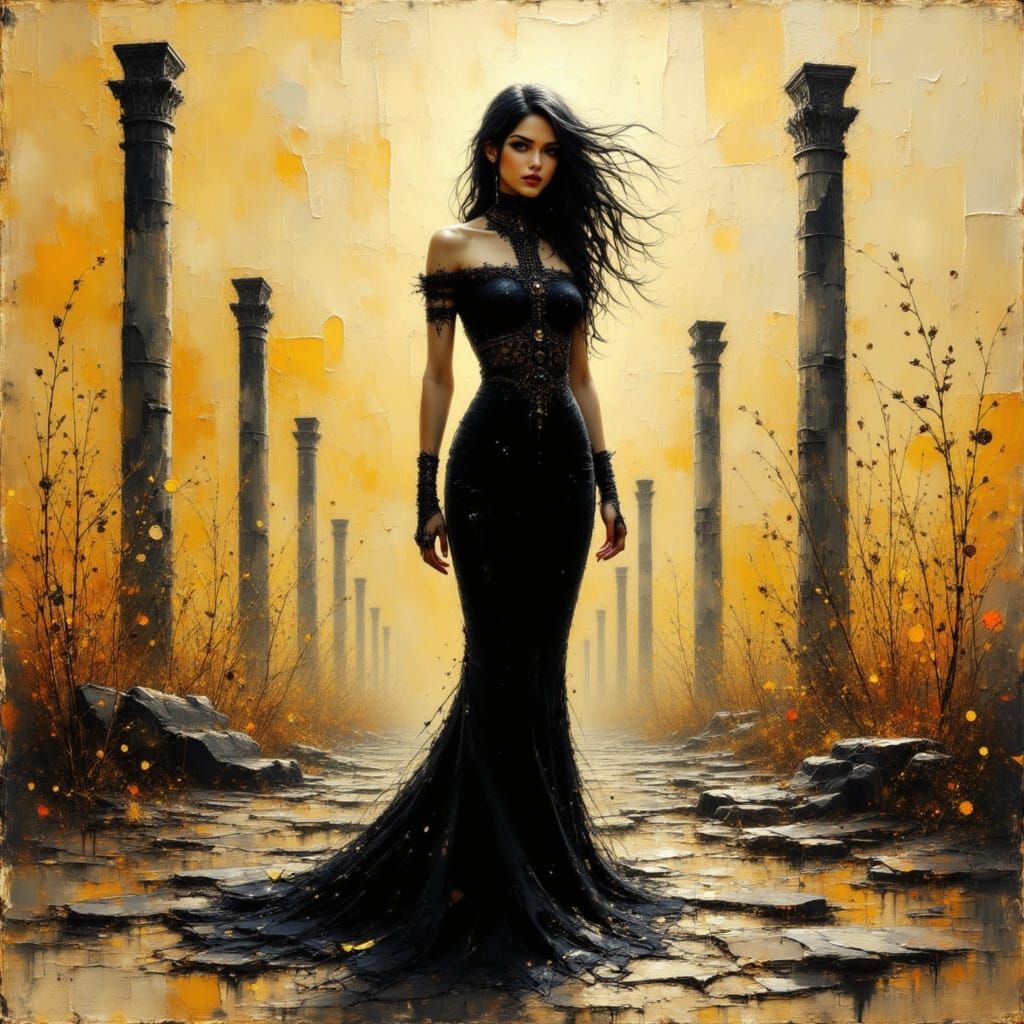 Woman in Ruins: Impasto Oil Painting with Gold