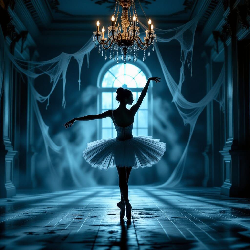 Ballerina's Solitary Dance in Moonlit Ballroom