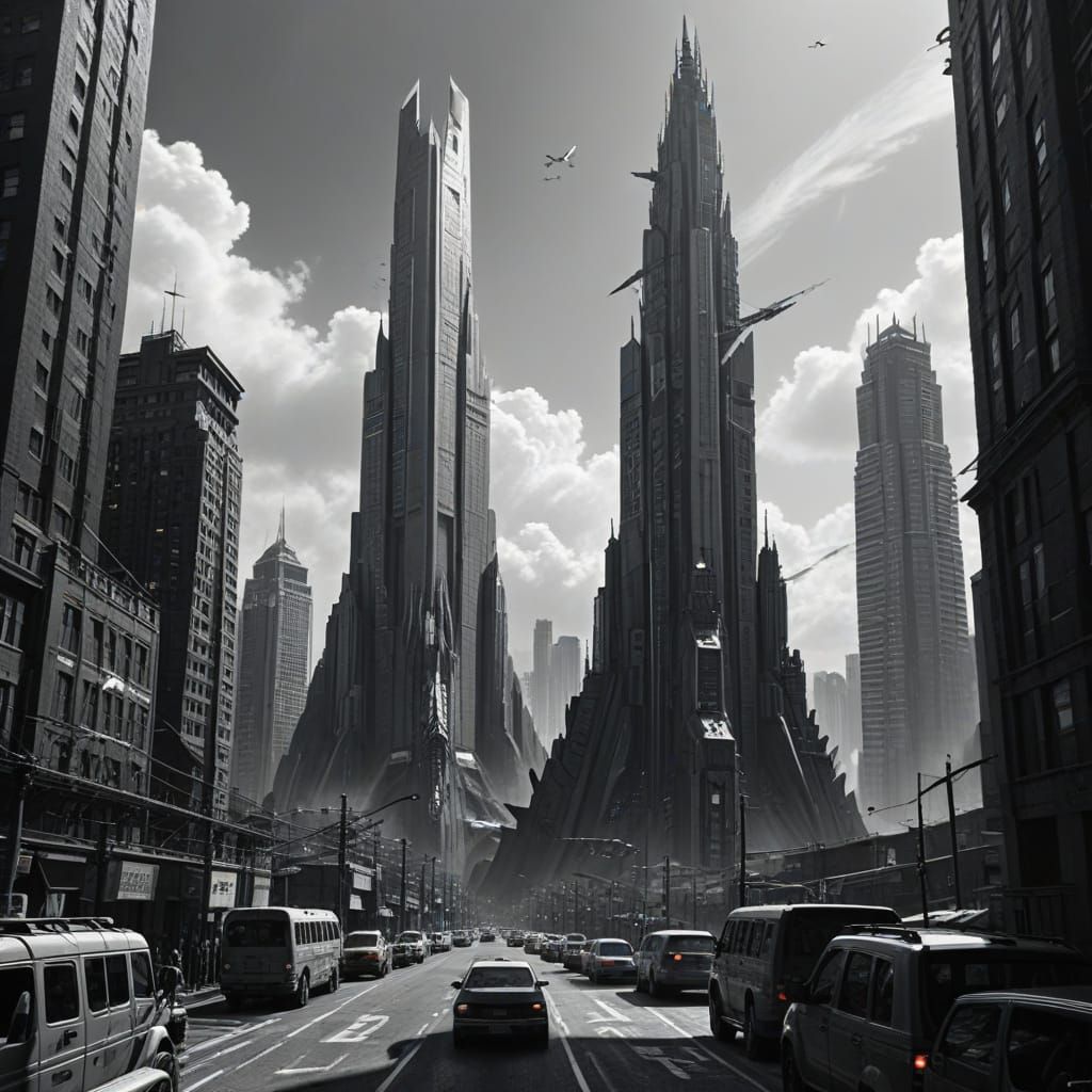 Hyper-Detailed Graphite Cityscape with Towering Structures
