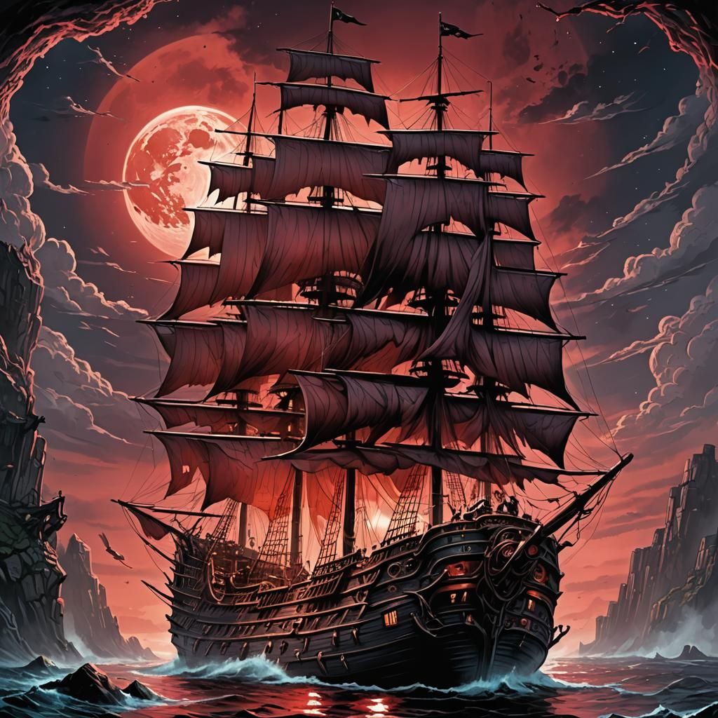 Blood-Red Moon Pirate Ship in Comic Book Art