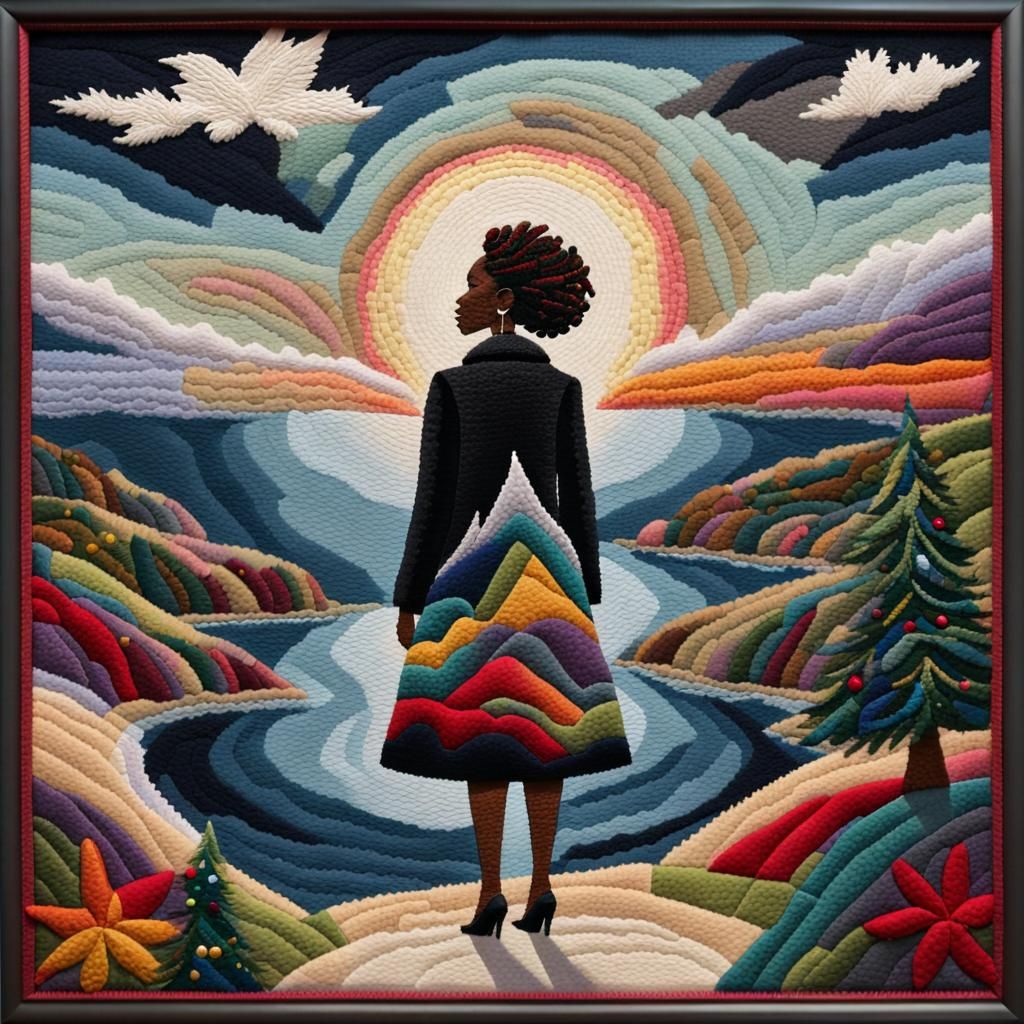 Colorful Felt Art Patchwork of Woman Gazing at Christmas Lan...