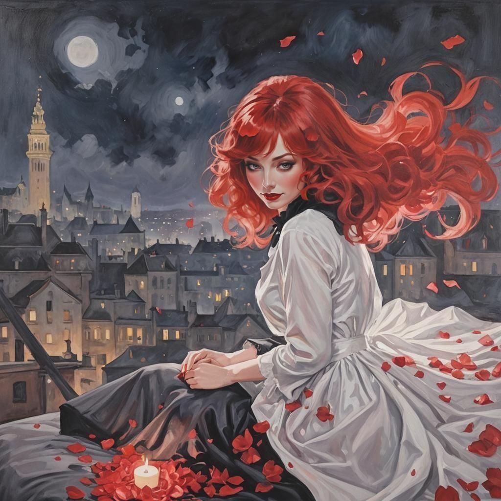 Noir Femme Fatale in Roses, Acrylic Art