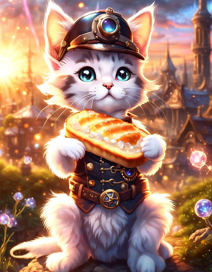 Steampunk Kitten with Bread on Fantasy Battlefield