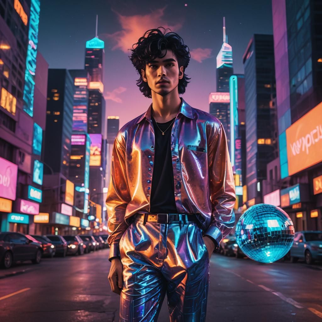 Vaporwave Fashion in Neon Cityscape Concept Art