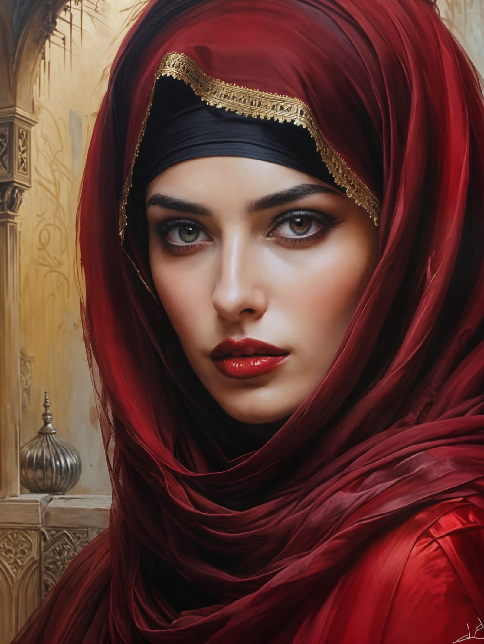 Ottoman Style Portrait of a Woman in Burgundy Niqab